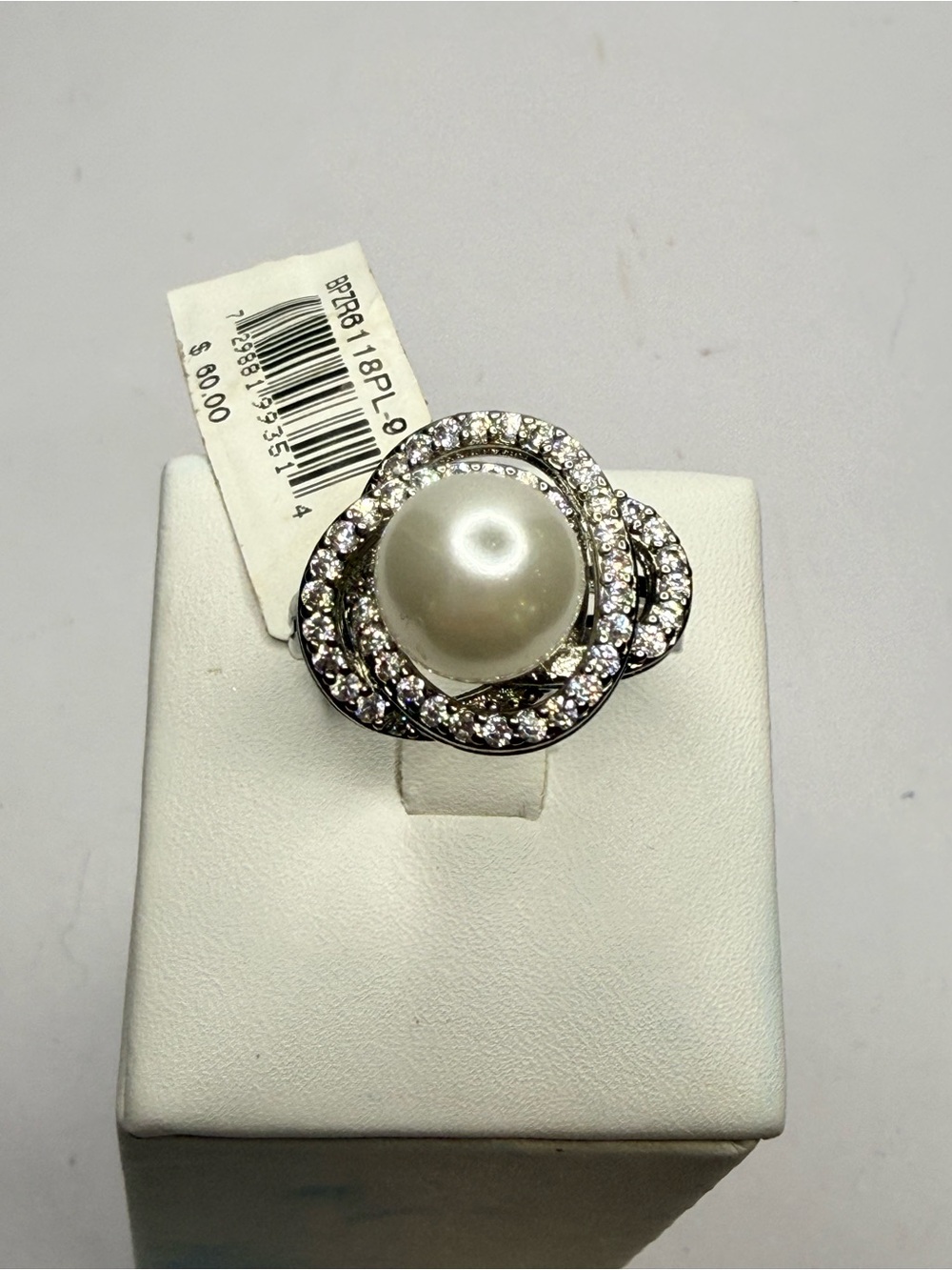 Charter Club Faux Pearl Crystal Statement Ring Silver Tone Size 9
